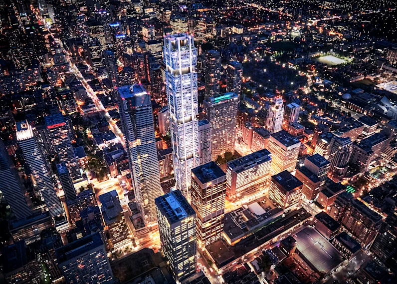 Aerial view of Tridel One Bloor West rising above Yonge and Bloor, Toronto